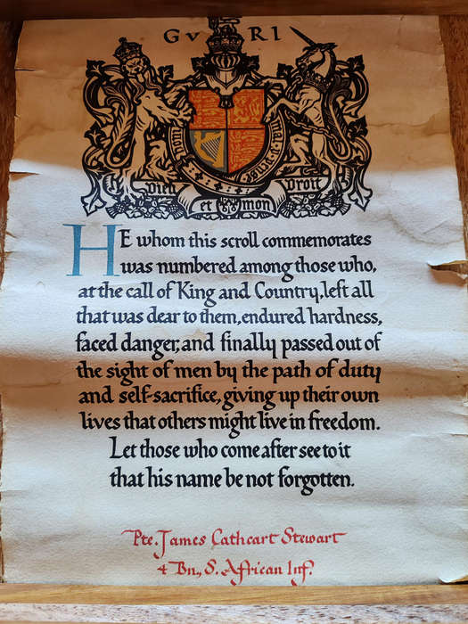 WWI Memorial Scroll  Pte. James Cathcart Stewart, 4th Battalion, South African Infantry