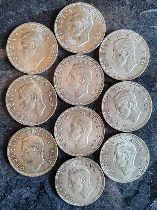 10 x South African 5 Shillings Silver Coins (1952)  50% Silver- LOT 1