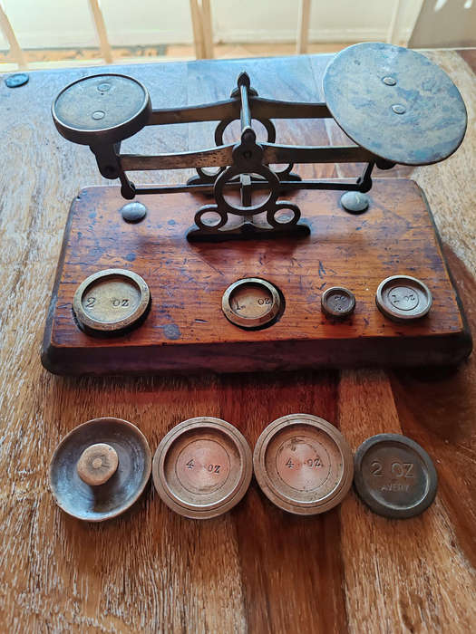 Antique Victorian Balance Scale with Brass Weights  Wooden Base