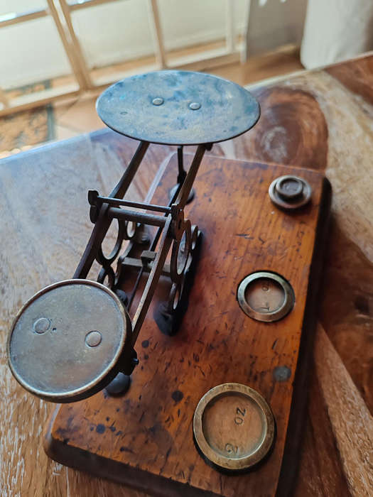 Antique Victorian Balance Scale with Brass Weights  Wooden Base