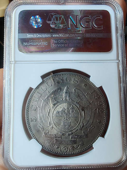 1892 ZAR 5 Shillings Single Shaft  NGC AU Details (Surface Hairlines)