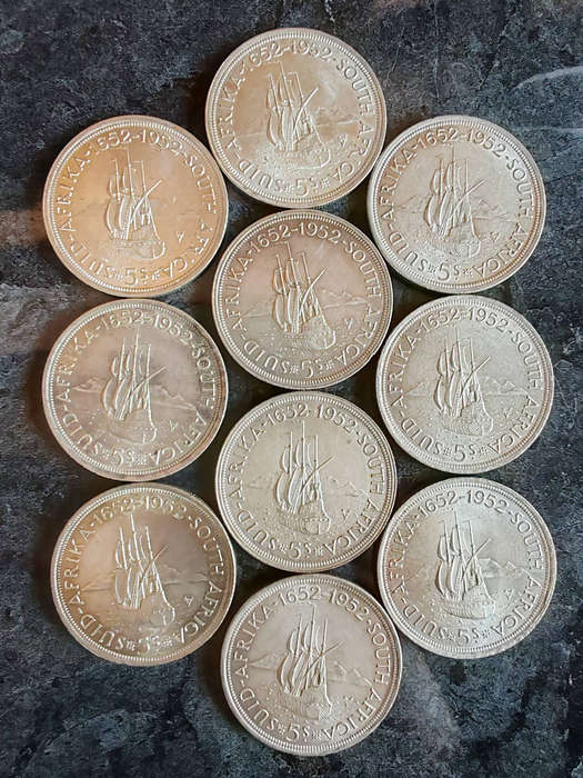 10 x South African 5 Shillings Silver Coins (1952)  50% Silver- LOT 1