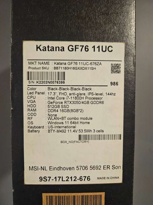 MSI GF76 11UC  17.3 Gaming Laptop (Grade A, Second Hand)