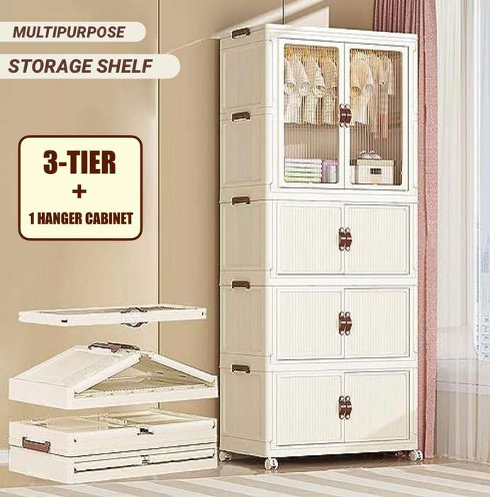 MULTIPURPOSE COLLAPSIBLE STORAGE CABINET  3-TIER+HANGER CABINET