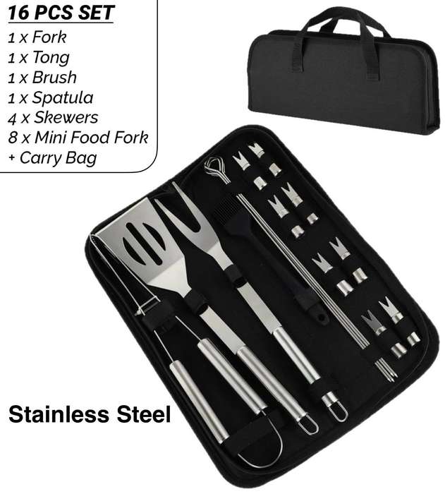 CAMPING BRAAI BBQ SET  STAINLESS STEEL  16 PCS