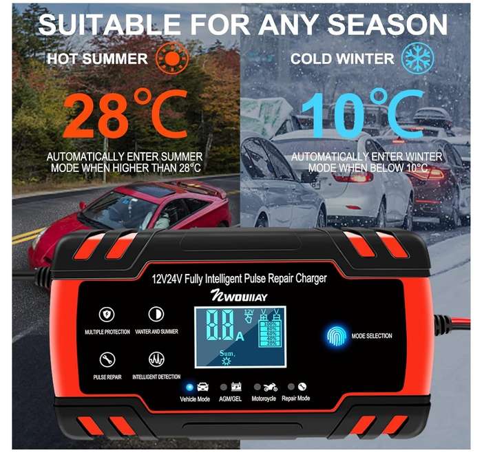 Auto Battery Charger Red Automatic 8A 12V 24V