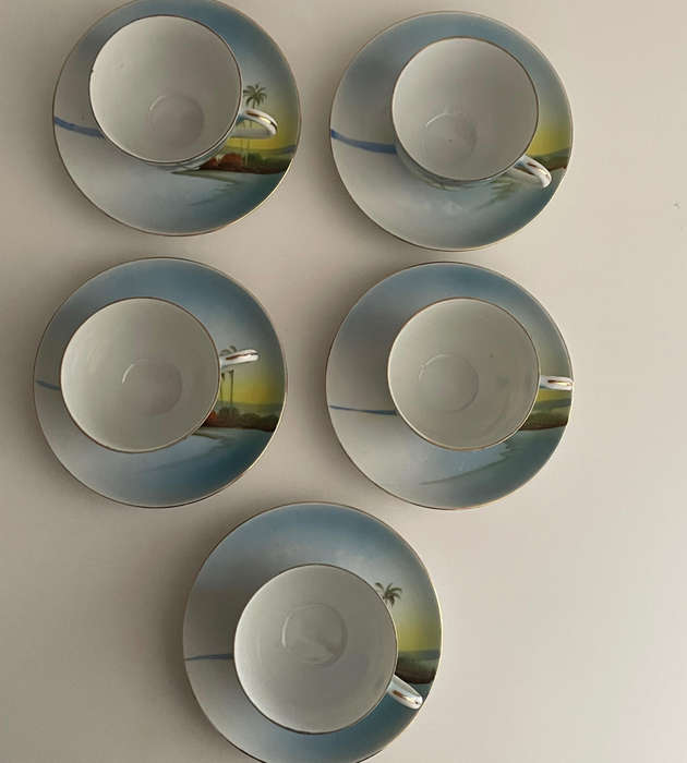 Set of 5 Vintage Chikaramachi Japan Eggshell Porcelain Tea Cups & Saucers  Hand-Painted 1920-1940's