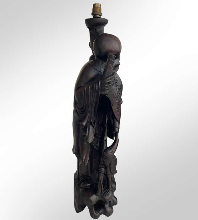 Large Antique Japan Meiji Period Ironwood Okimono Lamps (Set of 2)  Hand-Carved Shou Lao Statues