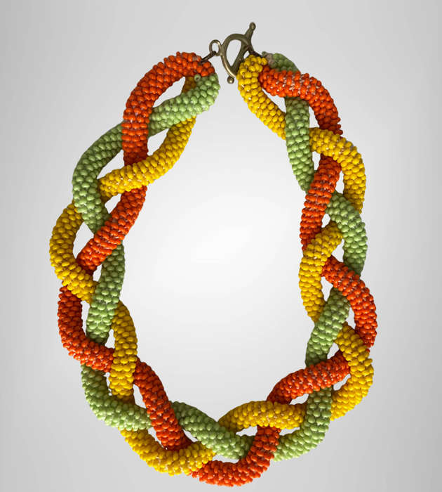 Original Abacus Chunky Braided Necklace  Orange, Yellow & Green  121g  Fits Neck up to 47cm