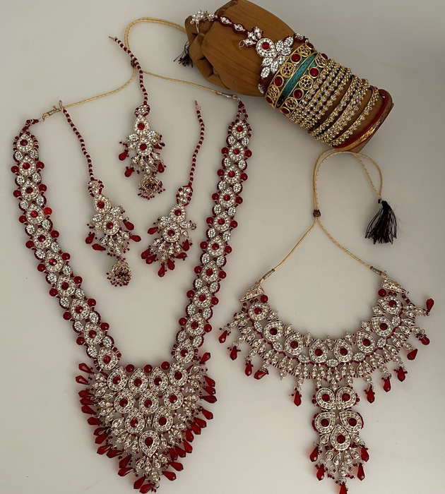 17-Piece Indian-Eastern Bridal Jewelry Set  Maroon & Gold  Nikkah, Walima, Diwali (Reduced to clear)