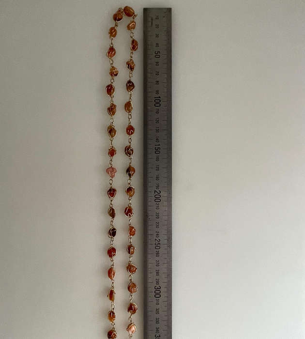 1970s Natural Carnelian Wire-Wrapped Bead Necklace  Brass Tone  Approx. 40cm  Vintage Used