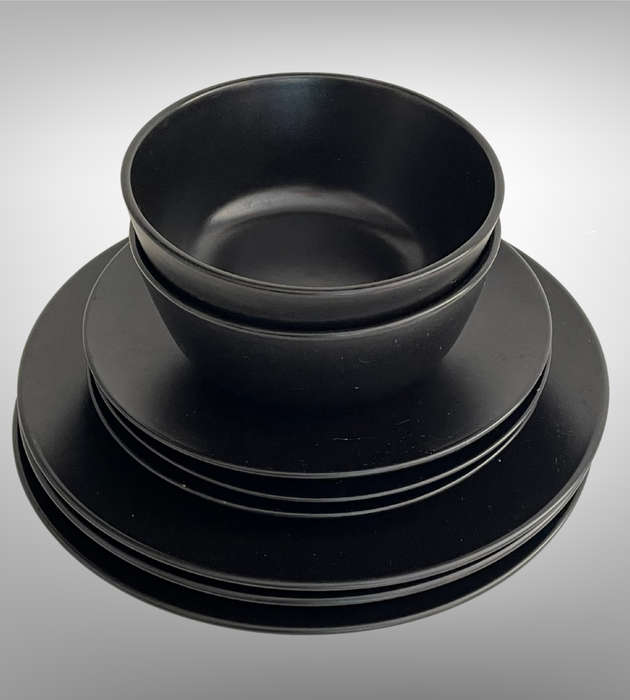 8-Piece Black Part Dinner Service  3 Dinner Plates, 3 Side Plates, 2 Bowls  No Chips or Cracks