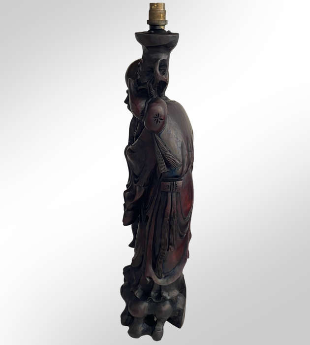 Large Antique Japan Meiji Period Ironwood Okimono Lamps (Set of 2)  Hand-Carved Shou Lao Statues
