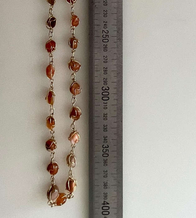 1970s Natural Carnelian Wire-Wrapped Bead Necklace  Brass Tone  Approx. 40cm  Vintage Used