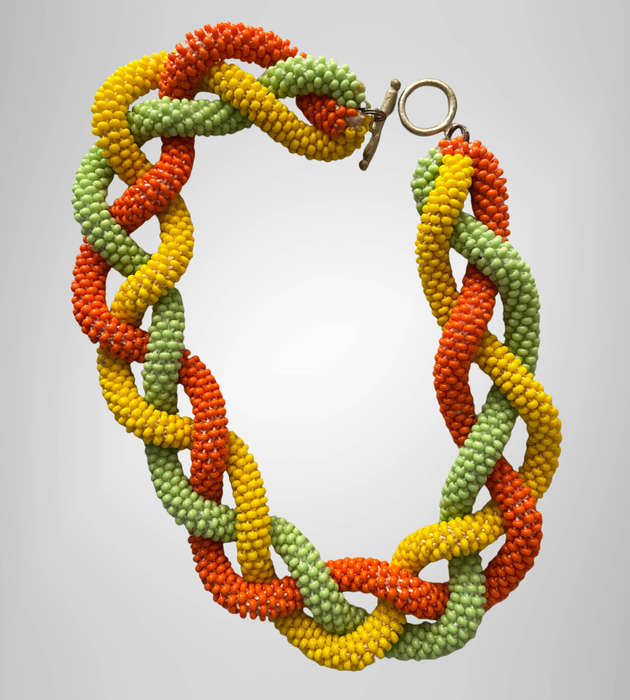 Original Abacus Chunky Braided Necklace  Orange, Yellow & Green  121g  Fits Neck up to 47cm