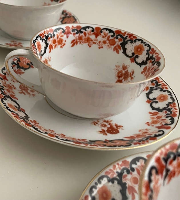 Antique PSAG Schönwald Black & Orange Porcelain Cup & Saucer Set, 1911-1927, Gold Trim- German
