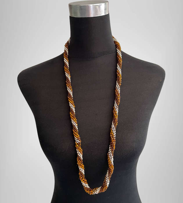 Original Abacus Yellow Amber, Dark Brown & Pearl White Twist Beaded Necklace  46cm  77g