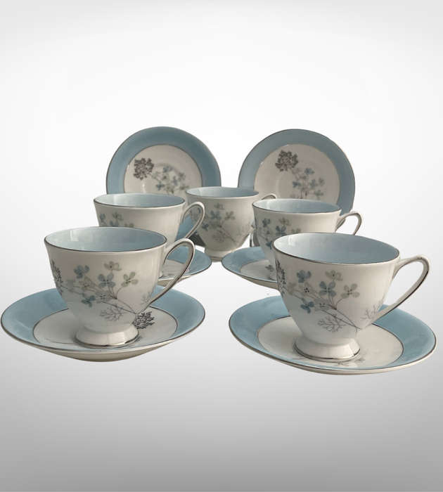Vintage Sevron Blue Lace Royal Standard Fine Bone China Cups & Saucers Set (1950s-70s) - Made in Eng