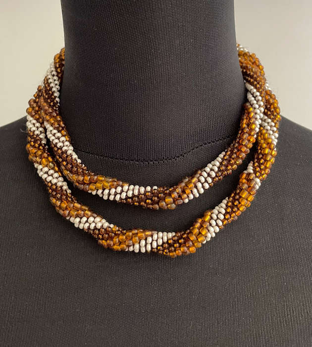 Original Abacus Yellow Amber, Dark Brown & Pearl White Twist Beaded Necklace  46cm  77g