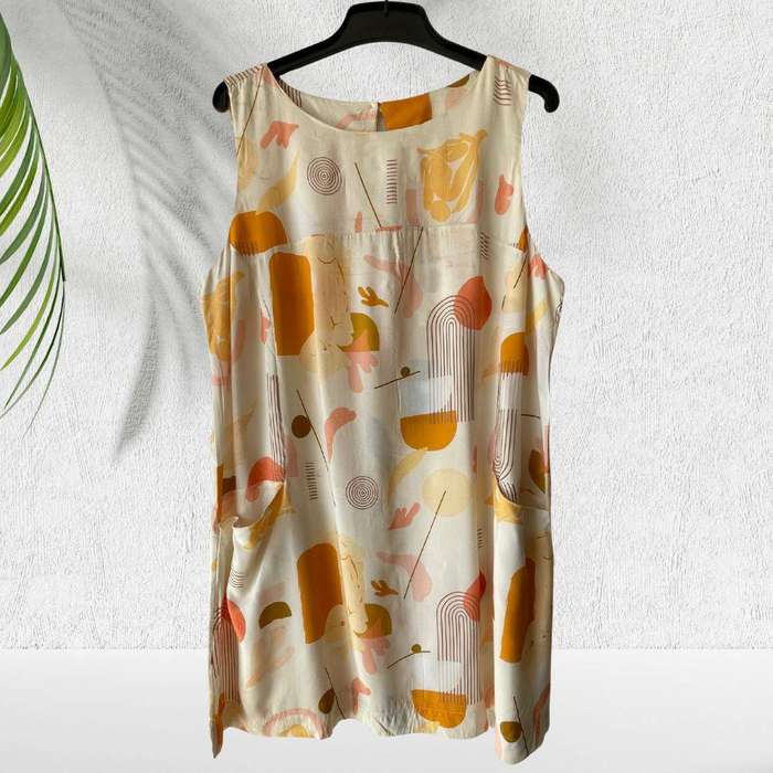 Abstract Print Sleeveless Dress with Pockets  Cotton Linen Blend  Size XL (Fits SA 4244)