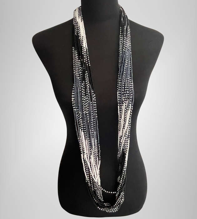 Original Abacus 24-Strand Traditional Zulu Hand-Beaded Necklace  395g  Black & White  68cm Length