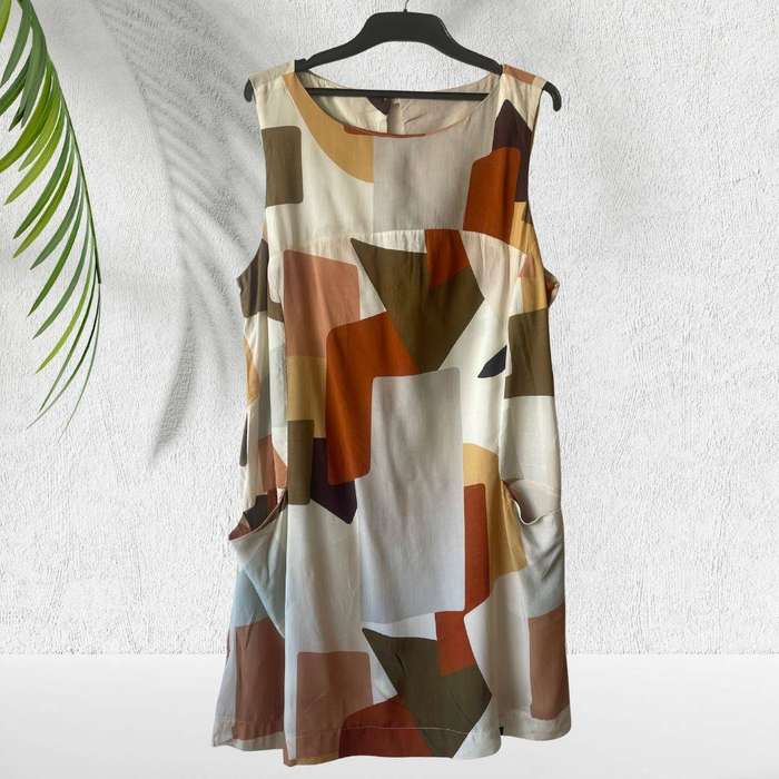 Geometric Print Sleeveless Sleepwear Dress with Pockets  Cotton-Linen Blend  Size Large