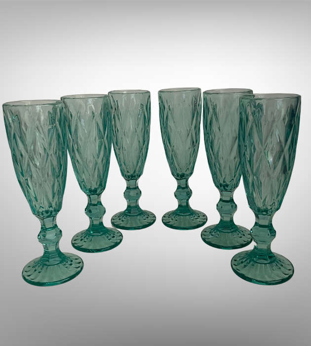 Set of 6 Green Champagne Flutes | 300ml Diamond Pattern Pressed Glass | Vintage Style | Used