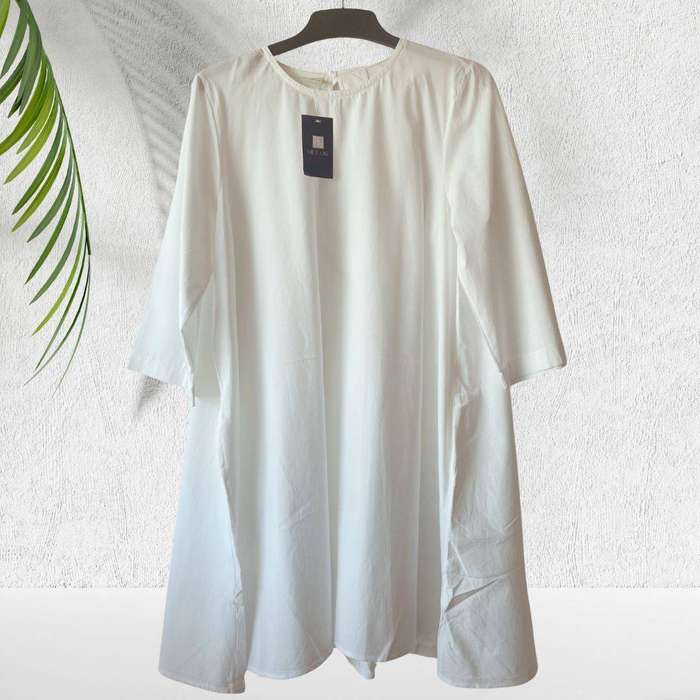 White A-Line Tunic Dress with ¾ Sleeves & Pockets  Cotton-Linen Blend  Size Large (Fits SA 40-42)