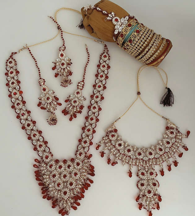 17-Piece Indian-Eastern Bridal Jewelry Set  Maroon & Gold  Nikkah, Walima, Diwali (Reduced to clear)