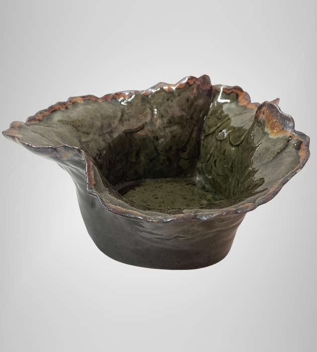 Studio Pottery Bowl Signed Charm 85  Organic Ruffled Edge  Glazed Earth Tones - Chipped