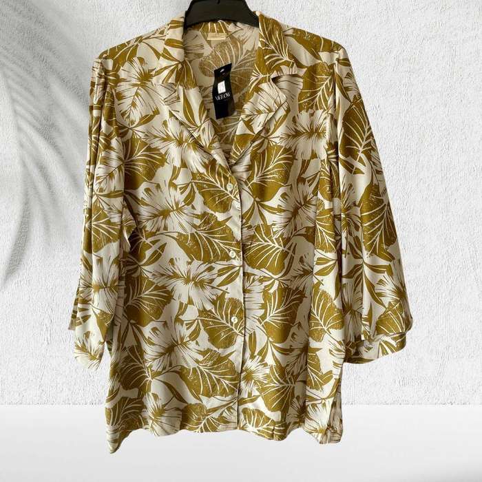 Tropical Leaf Print Button-Up Shirt  Cotton Linen Blend  Size XL (Fits SA 4244)
