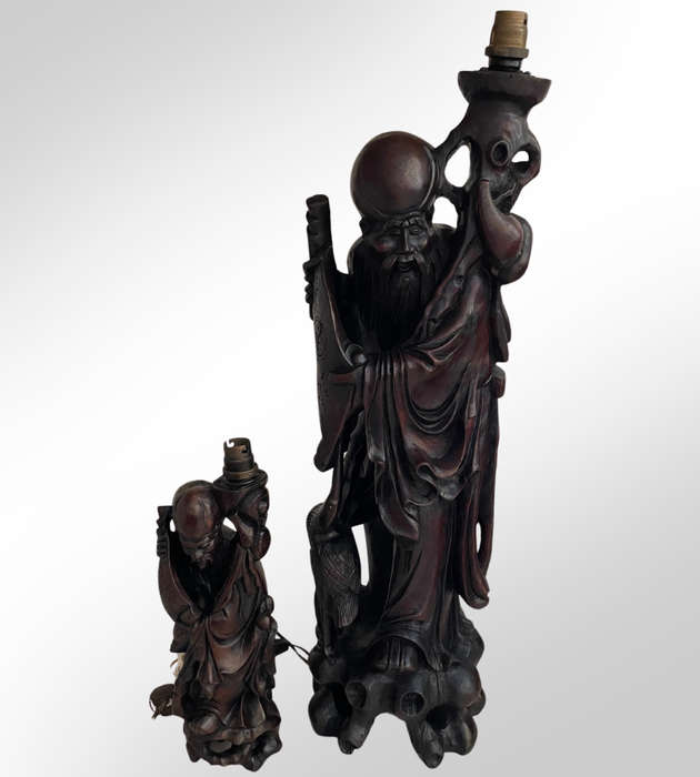 Large Antique Japan Meiji Period Ironwood Okimono Lamps (Set of 2)  Hand-Carved Shou Lao Statues