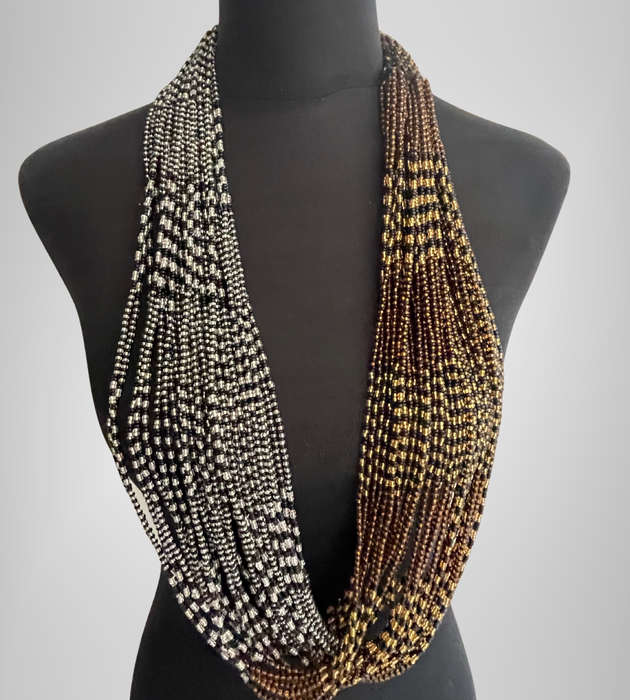 Original Abacus 34-Strand Traditional Zulu Hand-Beaded Necklace  396g  Black, Gold & Silver  51cm