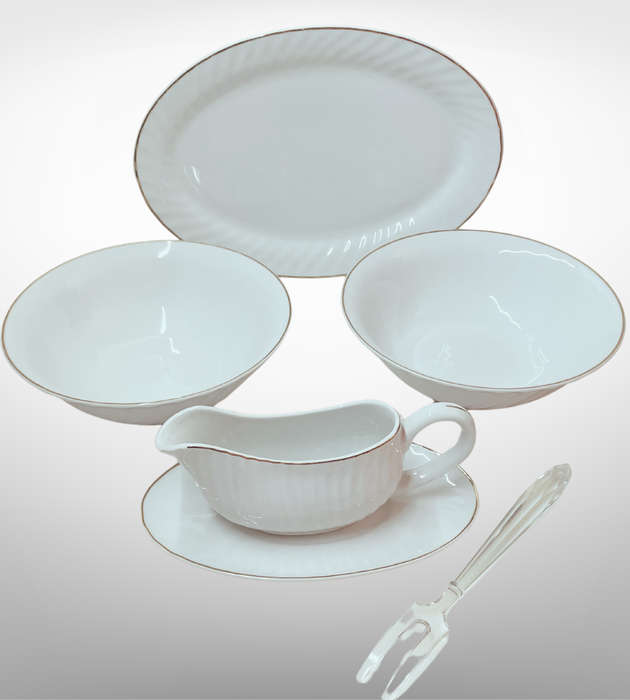Rare 1960s Italian White & Gold Porcelain Serving Set by Bellini  Set of 5 + Crystal Fork