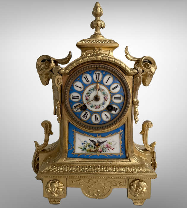 Reserved! Antique French Gilt Mantel Clock with Porcelain Panels by Henry Marc, Paris