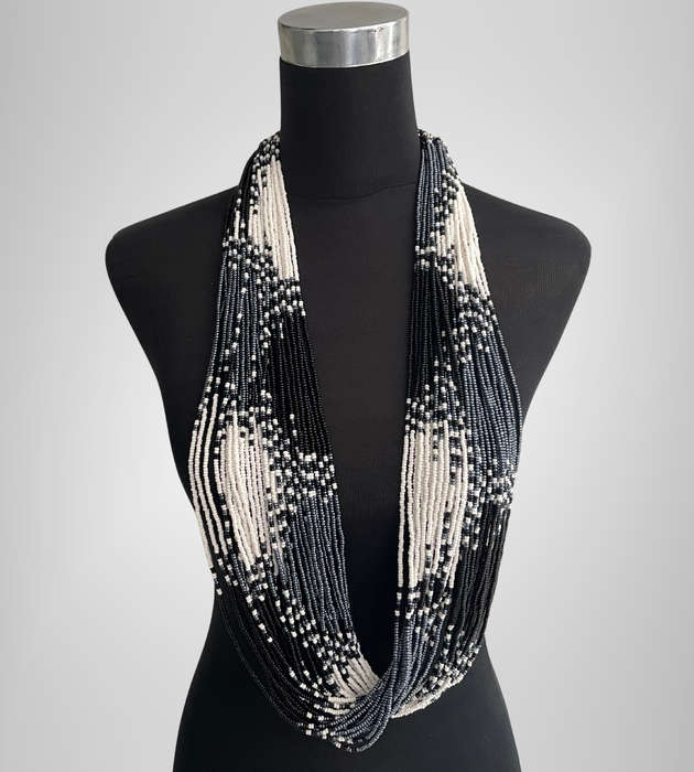 Original Abacus 34-Strand Traditional Zulu Hand-Beaded Necklace  427g  Black, White & Steel Grey