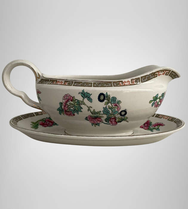 1930s John Maddock & Sons Indian Tree Sauce Boat with Matching Saucer  Royal Vitreous, England