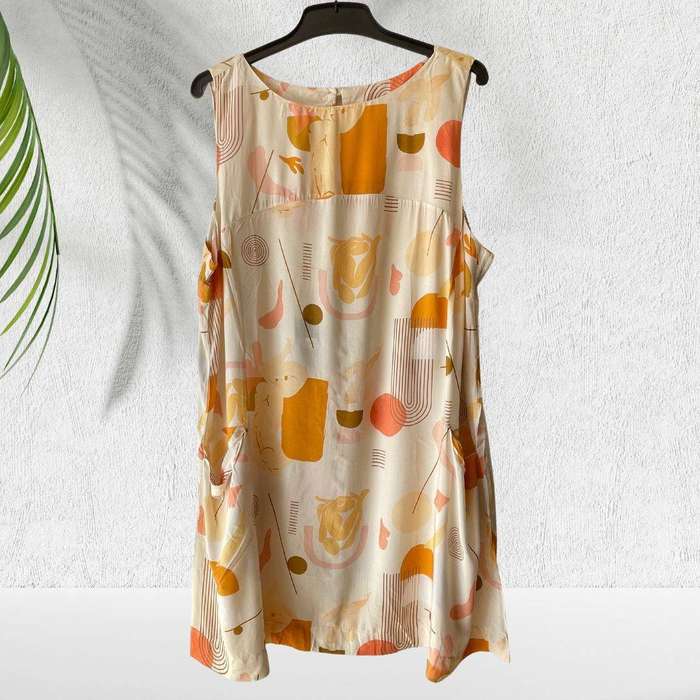 Abstract Print Sleeveless Dress with Front Pockets  Cotton Linen Blend  Size XXL (Fits SA 4446)