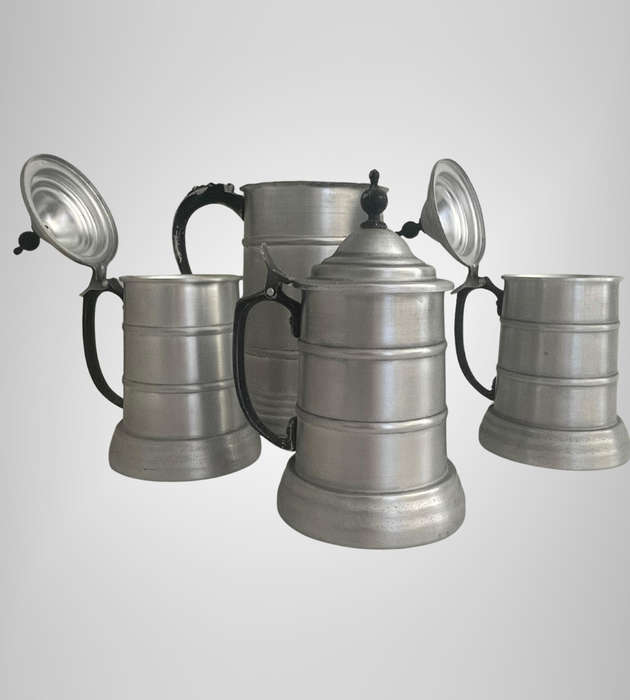 4-Piece Vintage 1970s German Style Beer Stein Set  3x Lidded Aluminum Steins + 1x Jug
