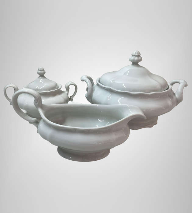 Elegant White Tureen, Gravy Boat & Sugar Bowl Set  Unmarked  French Provincial & German Bavarian S