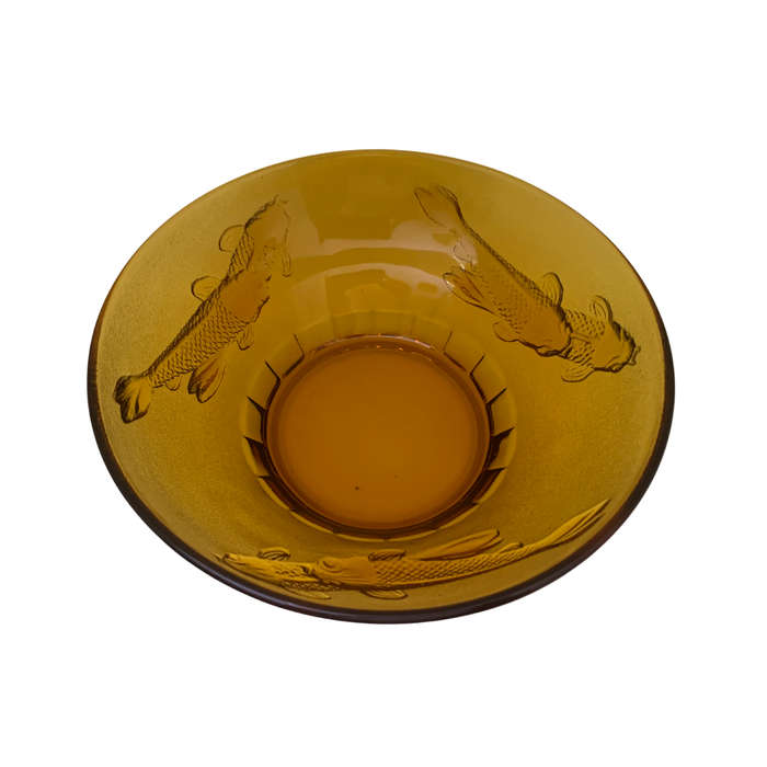 Large 26cm Amber Glass Salad Bowl with Koi Fish, Embossed, Amber Large Serving Bowl, Depression Glas