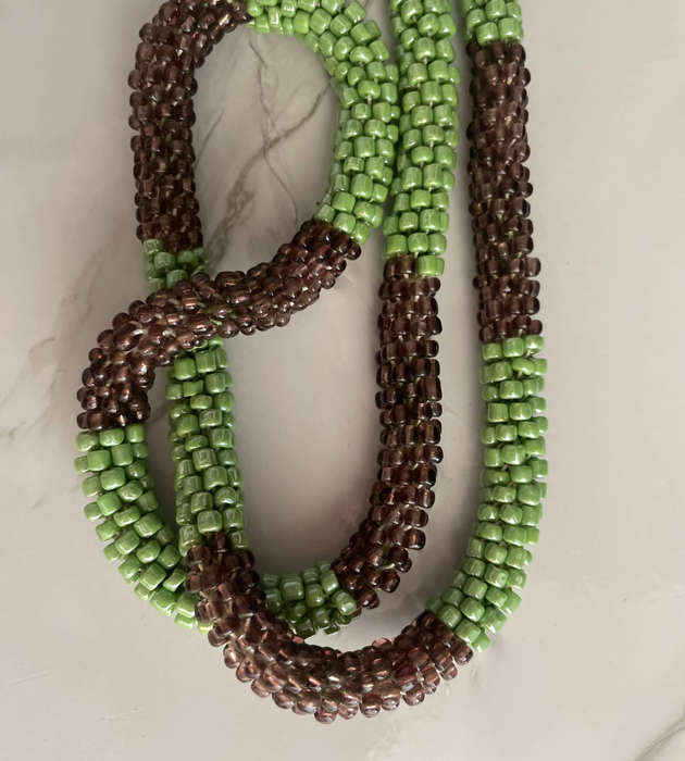 Original Abacus Beaded Necklace  Pearly Green & Transparent Purple  46cm Folded  102g  Clearance