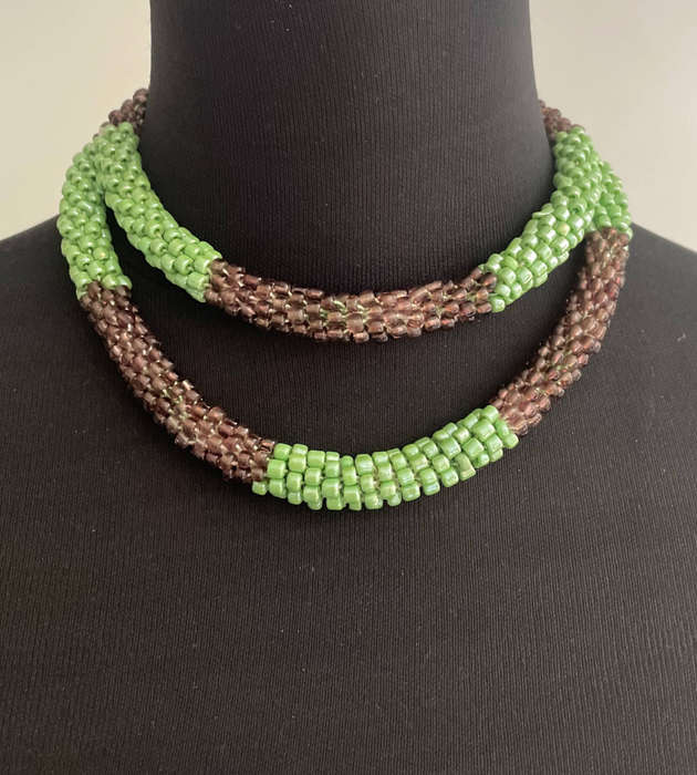 Original Abacus Beaded Necklace  Pearly Green & Transparent Purple  46cm Folded  102g  Clearance