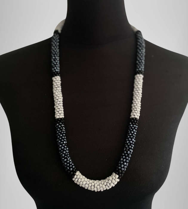 Original Abacus Handmade Beaded Necklace by Vutha  Black, White & Gunmetal Gray  40cm Folded