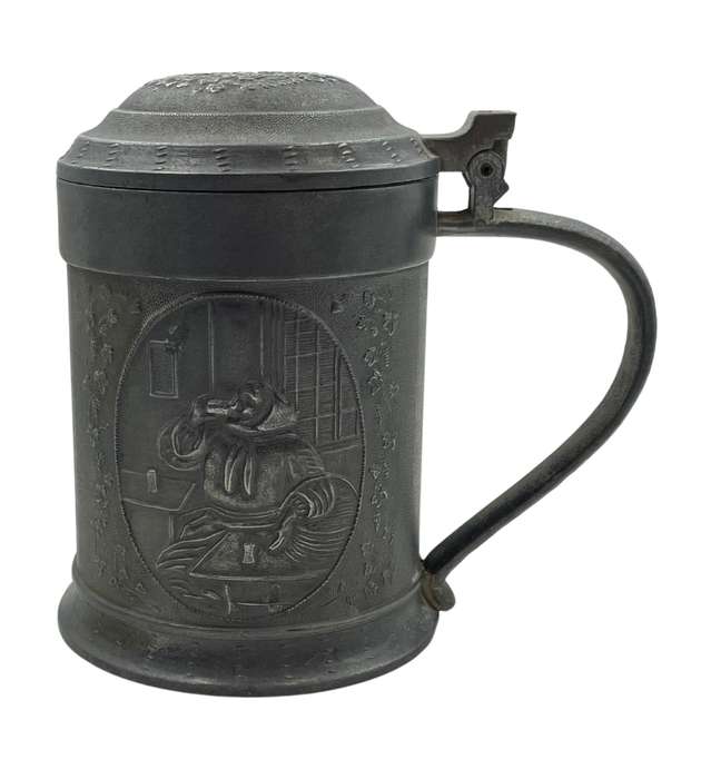 Vintage 1950s European Pewter Tankard with Flat Lid and Raised Relief Scenes  Angel Quality Mark