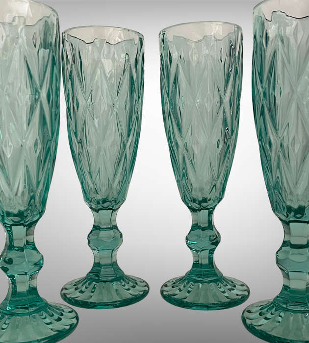 Set of 6 Green Champagne Flutes | 300ml Diamond Pattern Pressed Glass | Vintage Style | Used
