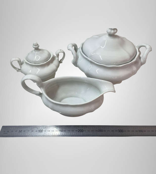 Elegant White Tureen, Gravy Boat & Sugar Bowl Set  Unmarked  French Provincial & German Bavarian S