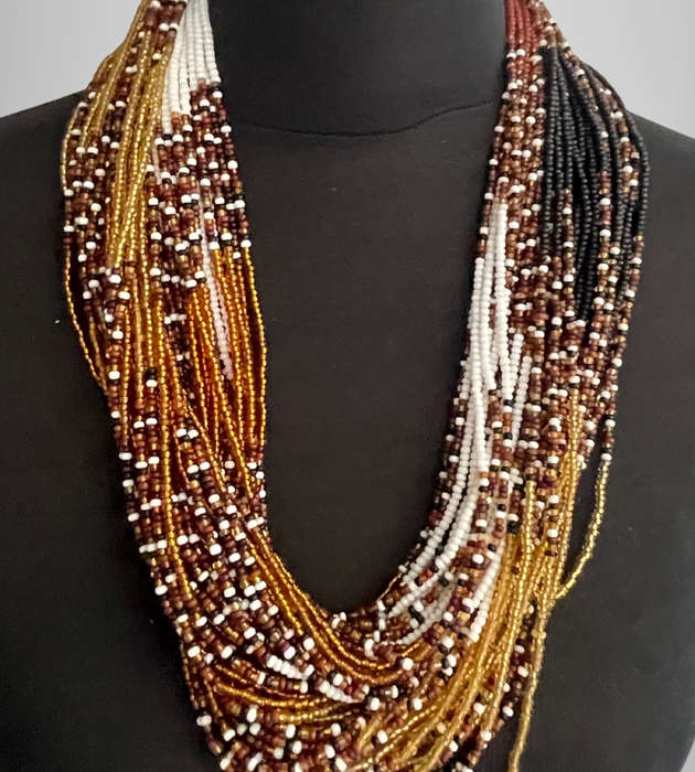 Original Abacus 24-Strand Traditional Zulu Hand-Beaded Necklace  299g  Amber, White, Brown