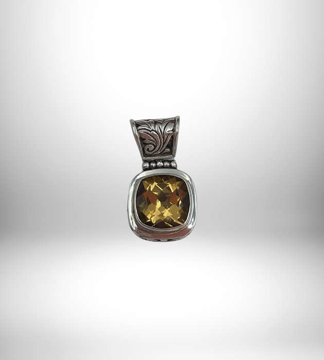 925 Sterling Silver Citrine Pendant - Square Faceted Citrine - Superb Condition