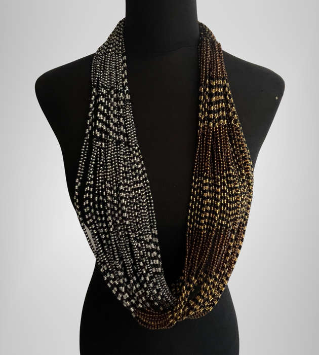 Original Abacus 34-Strand Traditional Zulu Hand-Beaded Necklace  396g  Black, Gold & Silver  51cm